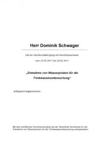 Teilnahmebescheinigung für Sachkundelehrgang - Entnahme von Wasserproben für die Trinkwasseruntersuchung - Dominik Schwager