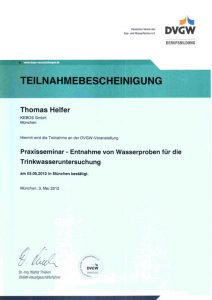 Teilnahmebescheinigung - Praxisseminar Entnahme von Wasserproben für die Trinkwasseruntersuchung - Thomas Helfer