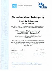 Teilnahmebescheinigung - Trinkwasser-Hygieneschulung nach VDI 6023 - Dominik Schwager