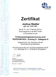 Zertifikat zur Teilnahme - Trinkwasserhygieneschulung nach VDI/DVGW 6023 - Joshua Stadler