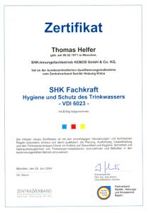Zertifikat zur Teilnahme - SHK Fachkraft, Hygiene und Schutz des Trinkwassers VDI 6023 - Thomas Helfer