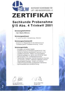 Zertifikat zur Teilnahme - Sachkunde Probenahme § 15 Abs. 4 TrinkwV 2001 - Marko Mitrovic