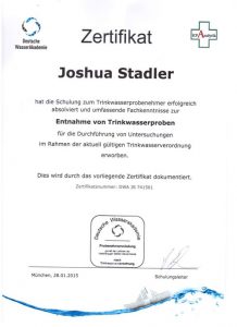 Zertifikat zur Teilnahme - Entnahme von Trinkwasserproben - Joshua Stadler